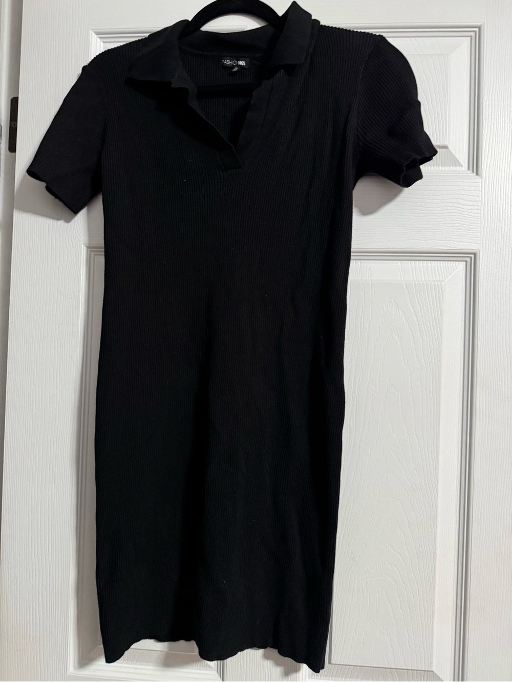 Fashion Nova Black Ribbed Short-Sleeve Polo Dress